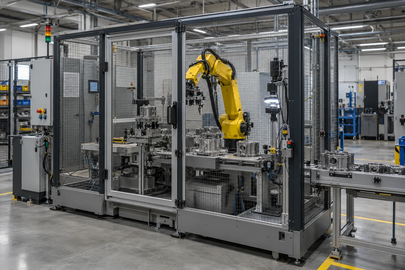 Illustration : cellule industrielle complète avec robot, contrôle et enceinte de protection